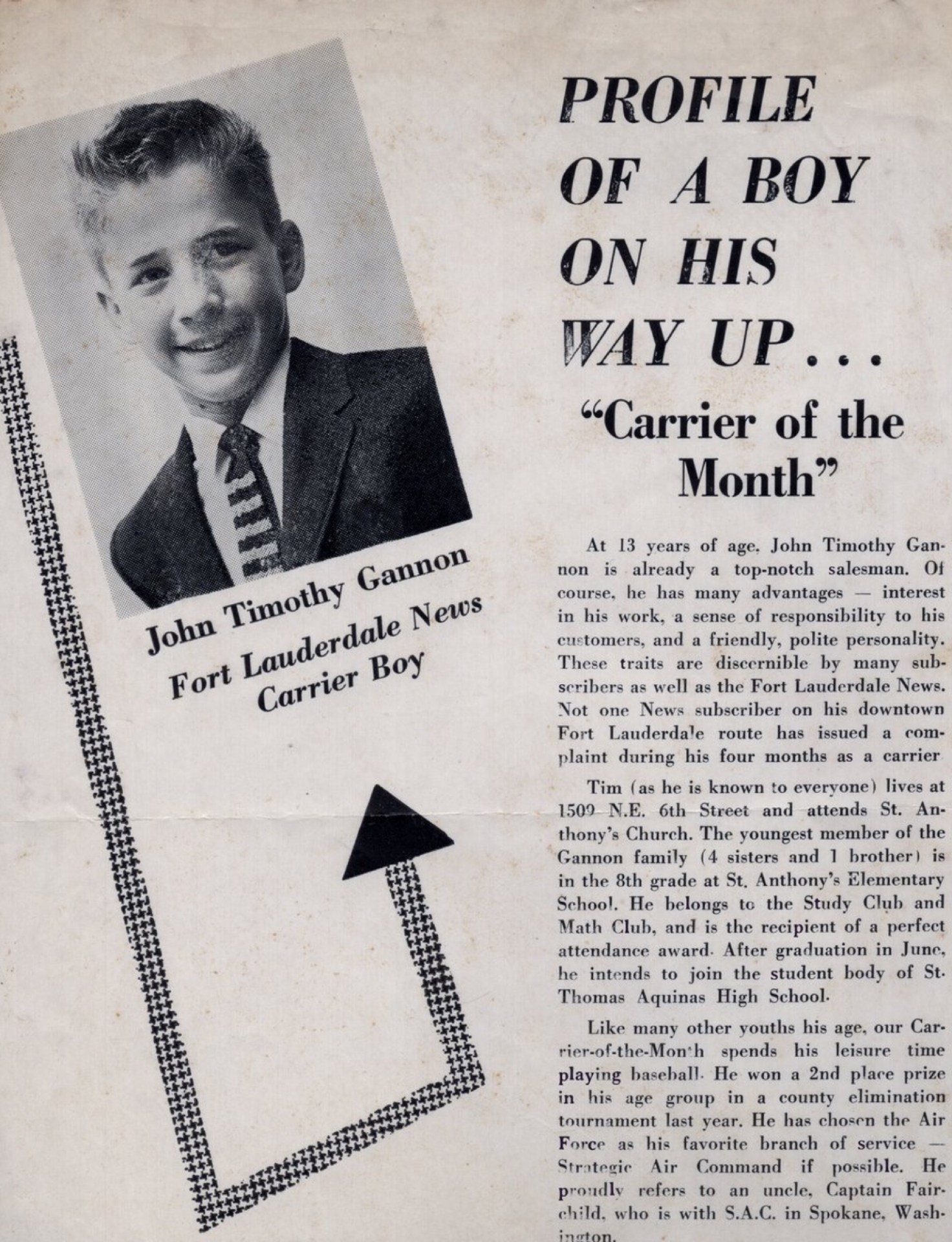A vintage newspaper article featuring a profile of John Timothy Gannon, a 13-year-old paperboy from Fort Lauderdale, recognized as 'Carrier of the Month'. The article includes a photo of Gannon smiling, wearing a suit and tie, and discusses his achievements and interests.
