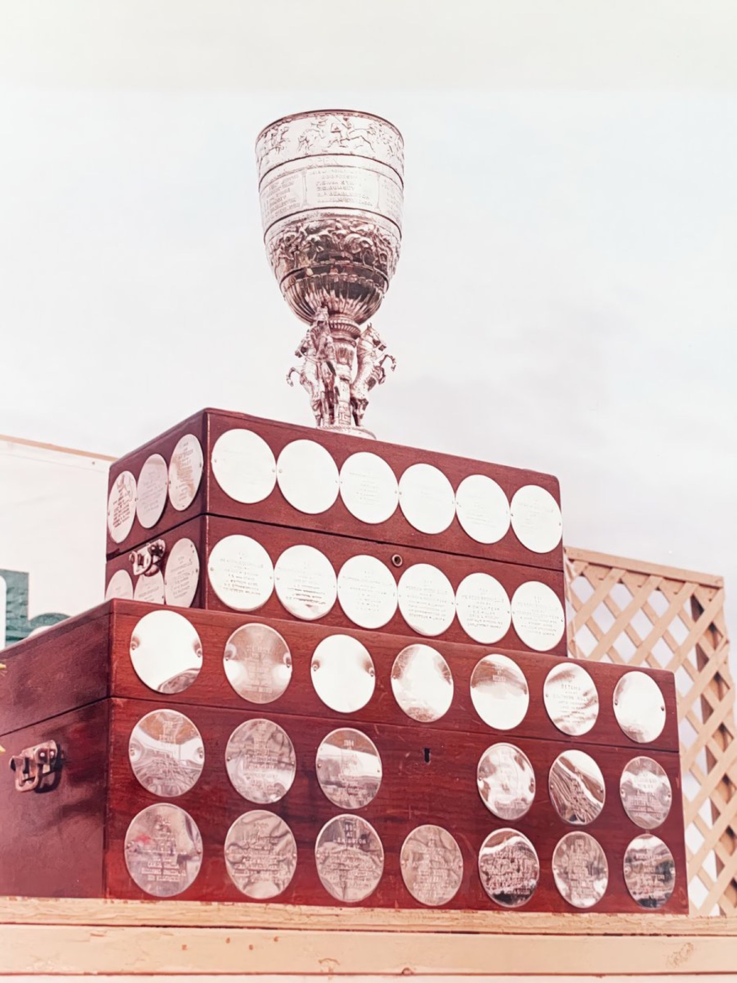 A detailed silver trophy on a wooden pedestal, adorned with circular plaques and inscriptions, showcasing awards or recognitions.