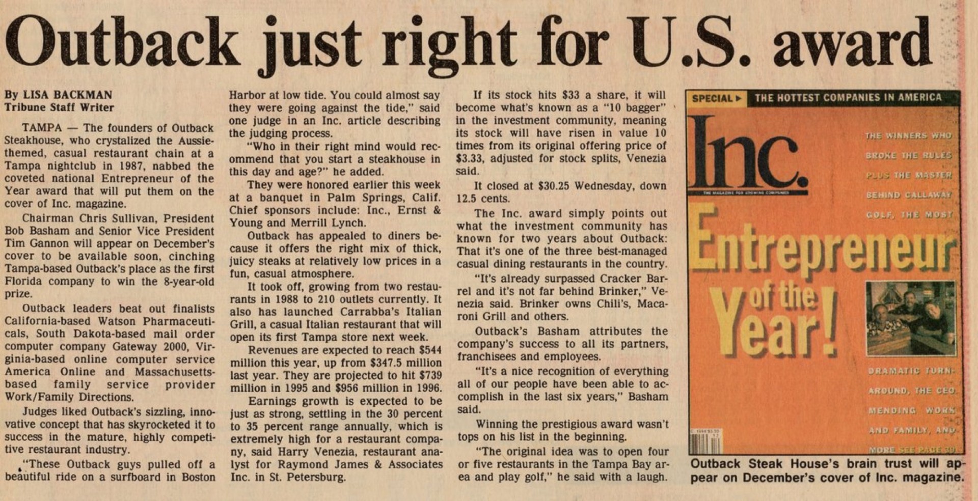 An article titled 'Outback just right for U.S. award' discussing Outback Steakhouse's recognition as Entrepreneur of the Year by Inc. magazine. The piece includes details about the company's history, leadership, and financial growth.
